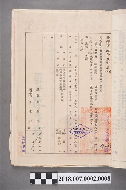 文鍵任臺中高級家事商業職校主計室主任臺灣省政府主計處函令 (共2張)