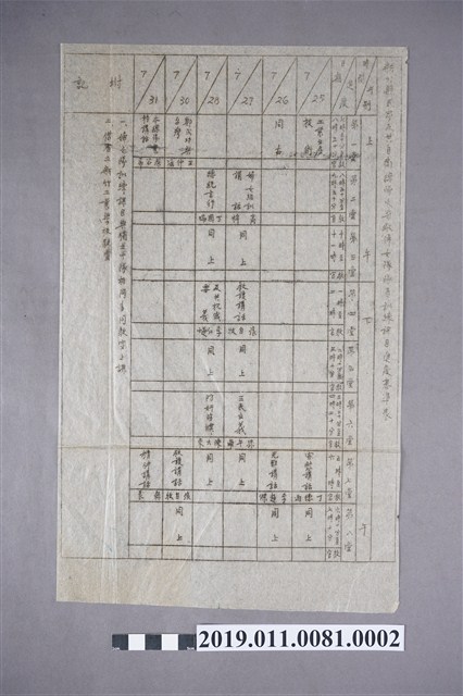 新竹縣民眾反共自衛總隊火柴場婦女隊員訓練課目進度基準表 (共3張)