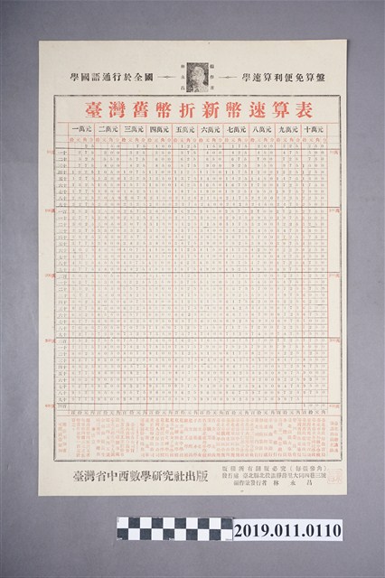 臺灣省中西數學研究社出版臺灣舊幣折新幣速算表 (共3張)