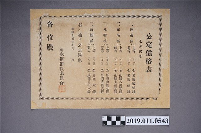 清水街消費米組合的稻米公定價格表 (共3張)