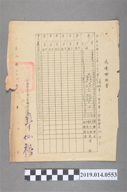 柯瑞吉臺灣省立臺南工業職業學校成績證明書 (共2張)