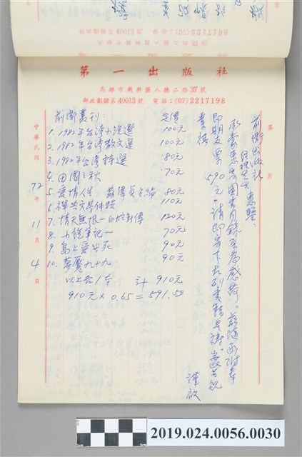 1983年11月4日柯旗化向前衛出版社購書之信件 (共2張)