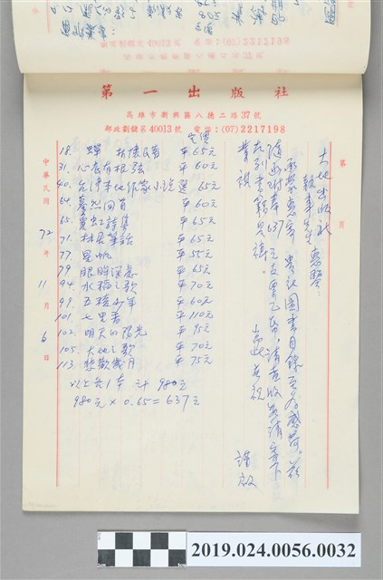 1983年11月6日柯旗化向大地出版社購書之信件 (共2張)