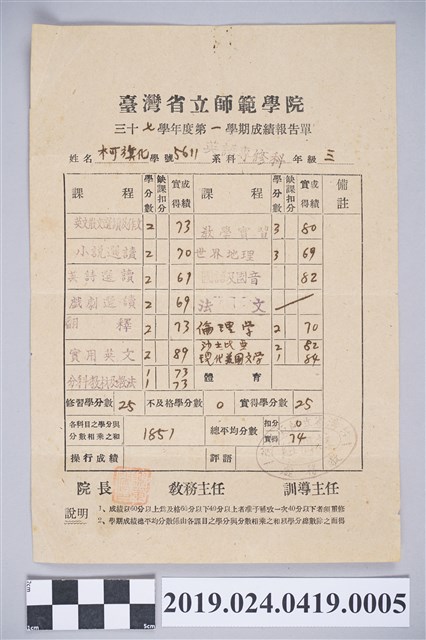 1948年柯旗化台灣省立師範學院英語科三年級第一學期成績報告單 (共2張)