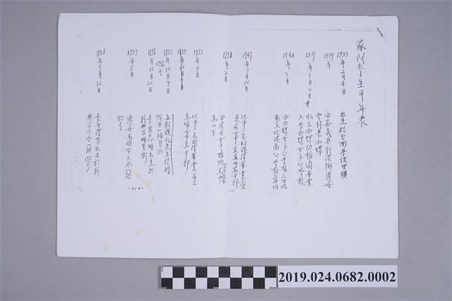 柯蔡阿李自撰生平年表內容之影本 (共2張)