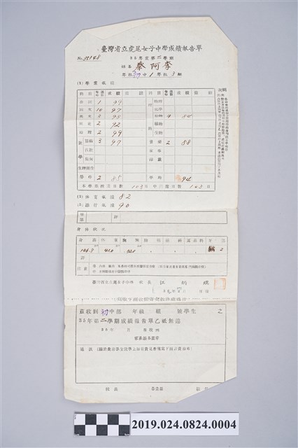 蔡阿李35年度第2學期省立虎尾女子中學成績通知單 (共2張)