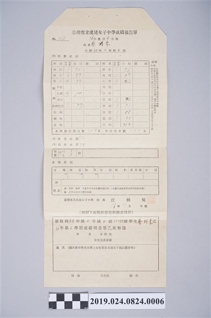 蔡阿李36年度第2學期省立虎尾女子中學成績通知單 (共2張)