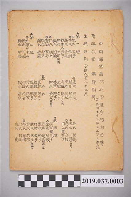 臺北州立臺北第三高等女學校於昭和17年中南部修學旅行甲班參加者名簿暨行程表 (共18張)