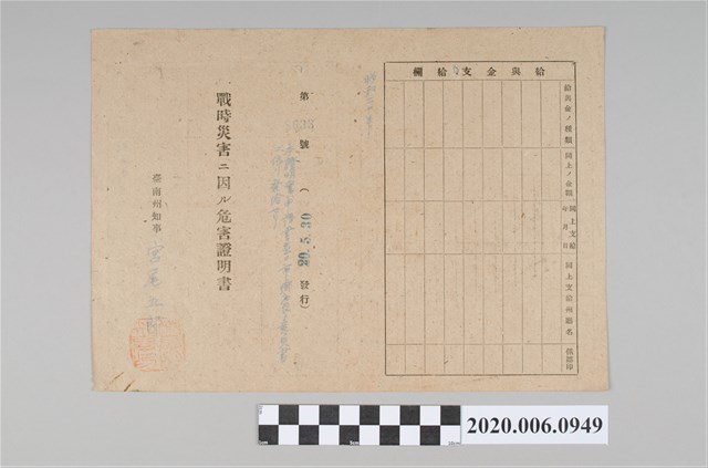 戰時造成的意外災害證明書第8633號（昭和20年5月30日發行） (共4張)