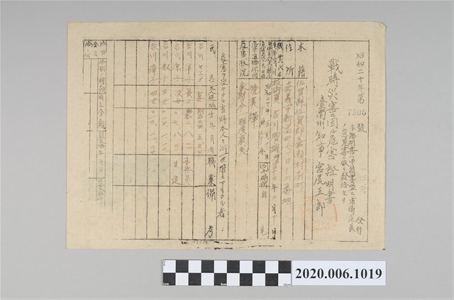 戰時造成的意外災害證明書第7300號（昭和20年6月10日發行） (共4張)