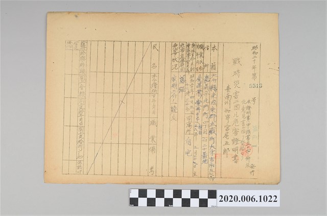 戰時造成的意外災害證明書第5513號（昭和20年6月1日發行） (共3張)