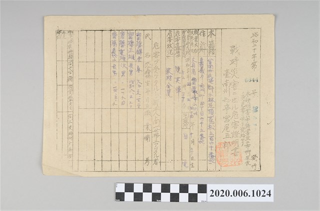 戰時造成的意外災害證明書第6644號（昭和20年6月10日發行） (共4張)