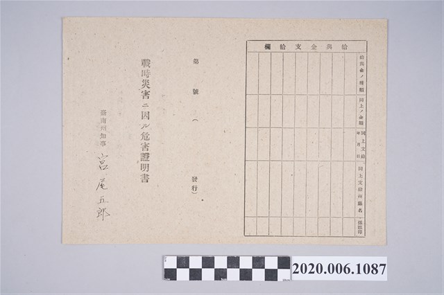 1945年5月1日近藤寬治郎之戰時造成的意外災害證明書與交付申請書 (共5張)
