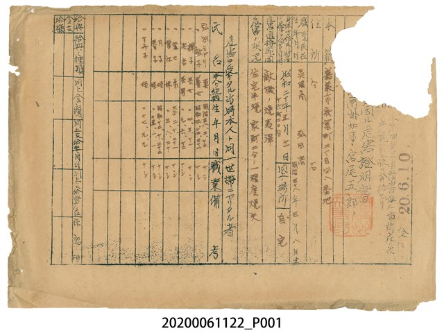 1945年6月10日弘田清家族之戰時造成的意外災害證明書與交付申請書 (共1張)