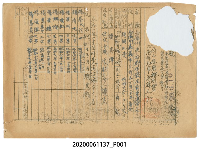 1945年6月10日楊闕氏愛家族之戰時造成的意外災害證明書 (共1張)