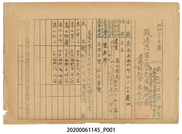 戰時造成的意外災害證明書第10476號（昭和20年6月10日發行） (共1張)