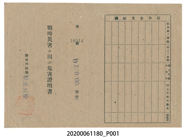 戰時造成的意外災害證明書第10514號（昭和20年6月10日發行） (共2張)
