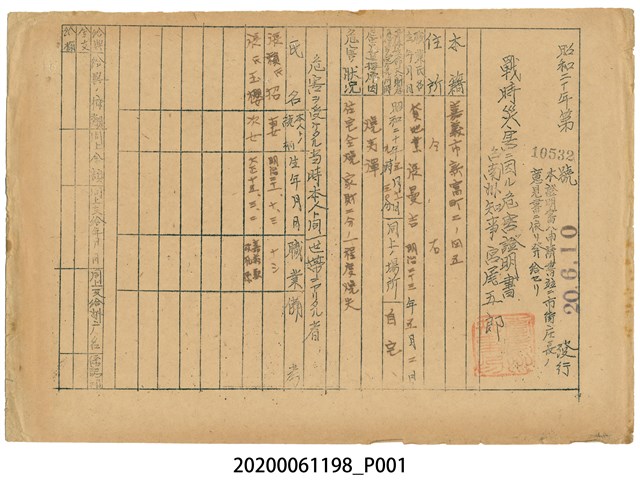戰時造成的意外災害證明書第10532號（昭和20年6月10日發行） (共1張)
