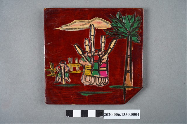 木製原住民人文生活圖樣漆器擺飾香蕉 (一群人在搗小米) (共6張)