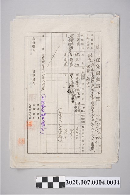 1947年3月28日員工任免調動請示單一份 (共2張)