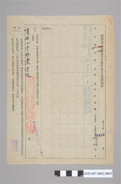 高雄工業職業學校228事件後解聘任用薪資文件之三 (共2張)