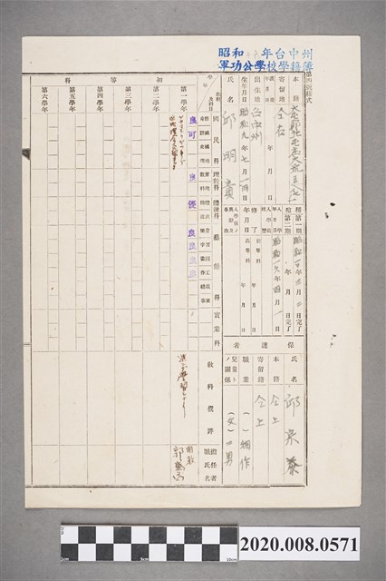 昭和十六年台中州軍功公學校學籍簿 邱明貴 (共2張)