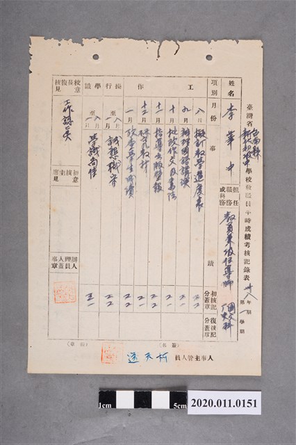 臺南縣立新化初級中學李華中教職員平時成績考核記錄表 (共2張)