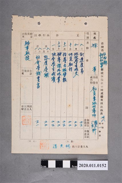 臺南縣立新化初級中學徐華教職員平時成績考核記錄表 (共2張)