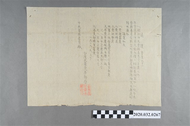 民眾黨通達書常第6號黨旗審查、黨則修正、黨訓制定，中央常委員會致中央執行委員 (共2張)