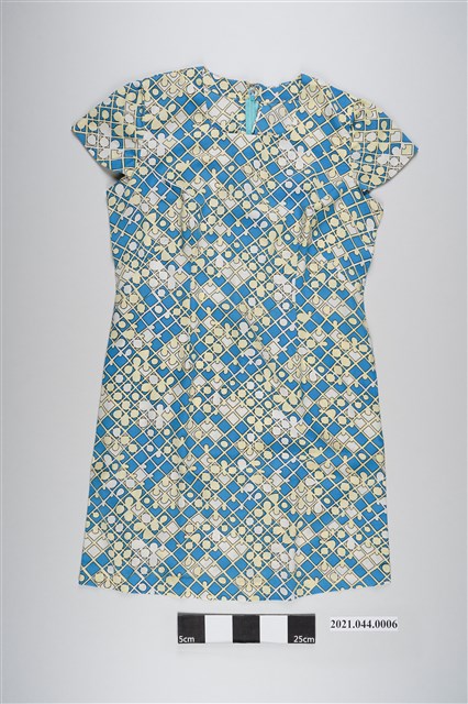 藍黃格印花紋短袖無領一件式夏洋裝 (共3張)