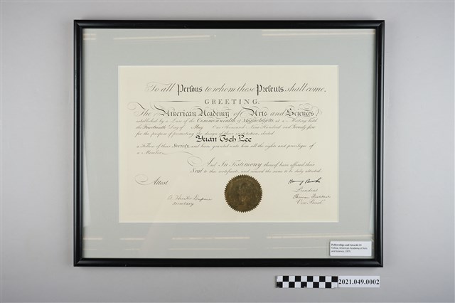 李遠哲1975年美國文理科學院院士證書 (共2張)