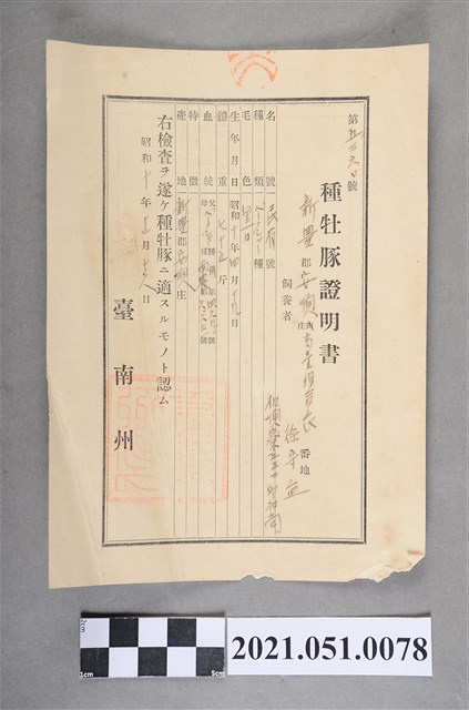 昭和10年新豐郡安順庄畜產組合種牡豚證明書 (共2張)