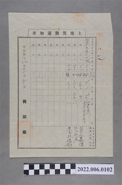 林福對明治44年桃園廳桃澗堡竹圍庄四股土地異動通知書 (共2張)