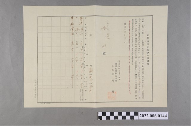 林田昭和20年臺灣拓殖株式會社社有地貸付料變更通知書 (共2張)