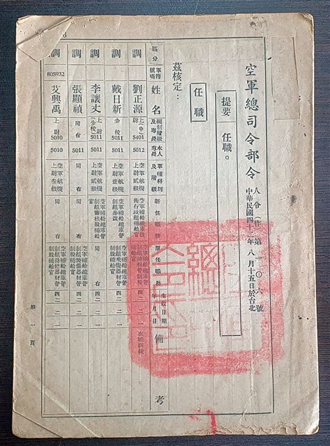 中華民國42年8月15日空軍軍官任職核定空軍總司令部令 (共11張)