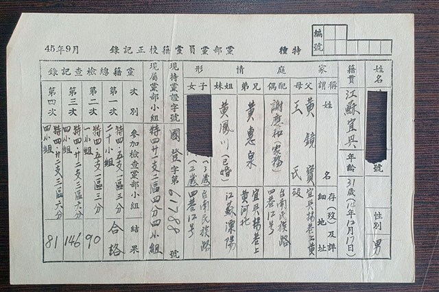 中華民國45年9月1日特種黨部黨員黨籍校正紀錄 (共4張)