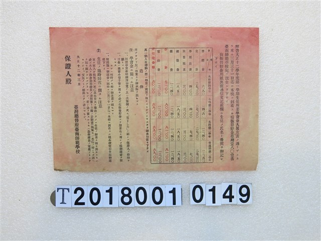 臺灣總督府臺南師範學校學資費通知書 (共1張)
