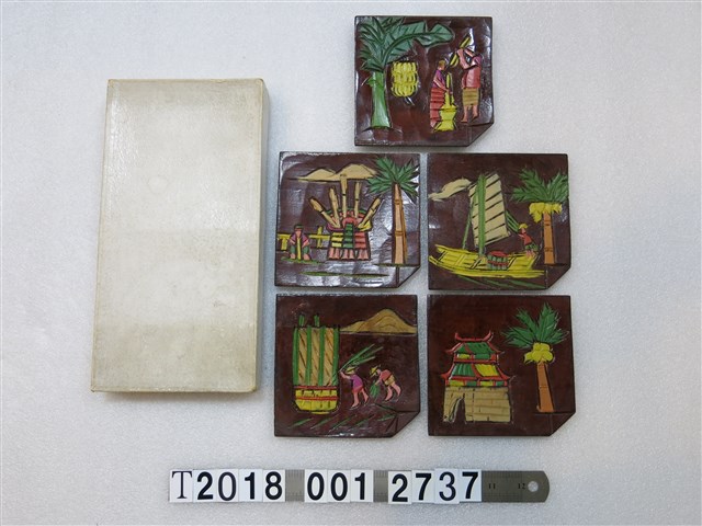 城門耕種杵歌搗麻糬乘船圖樣漆器淺盤組(3) (共1張)