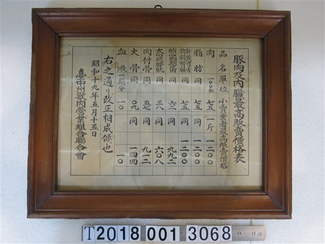 臺中州獸肉營業組合聯合會豚肉及內臟最高販賣價格表 (共1張)