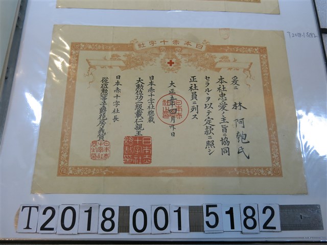 林阿匏氏日本赤十字社社員證明 (共1張)