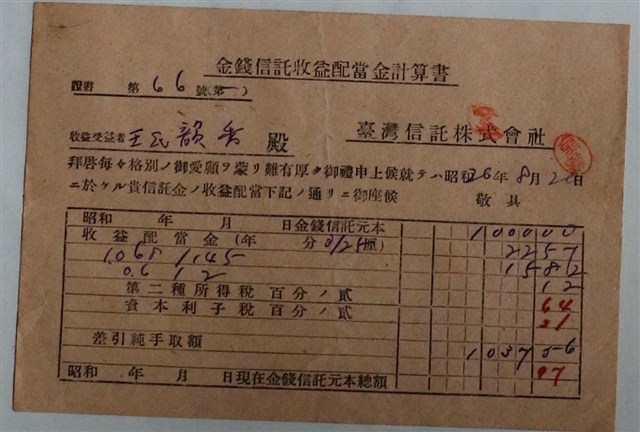 王韻秀金錢信託計算書 (共1張)