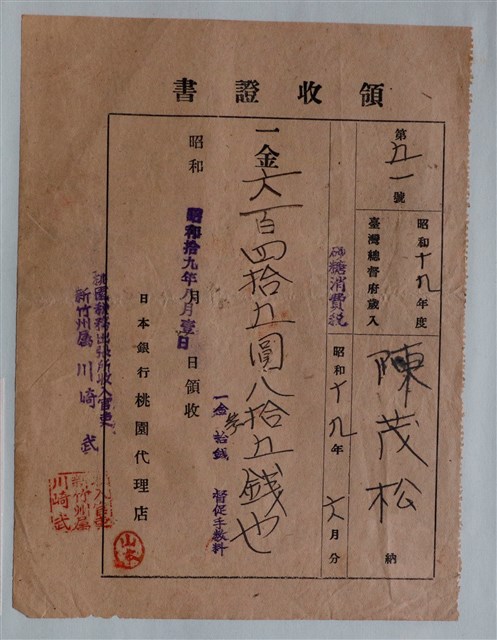 陳茂松臺灣總督府歲入砂糖消費稅領收證書 (共1張)