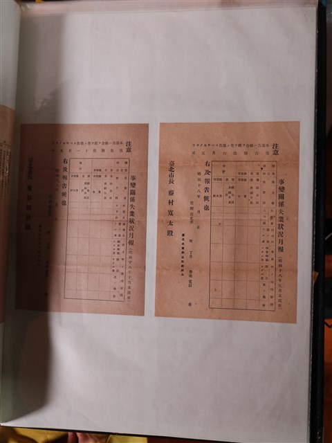 臺北北食料品配給組合員氏名印空白事變關係失業狀況報告書 (共2張)