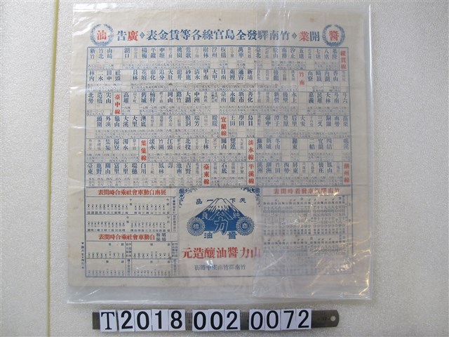 竹南驛發全島官線各等賃金表與山力醬油開業廣告 (共1張)