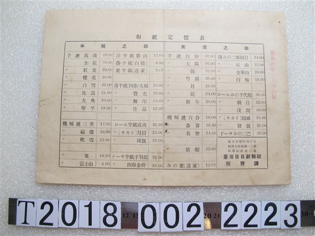 臺灣日日新報社販賣課和紙定價表 (共1張)