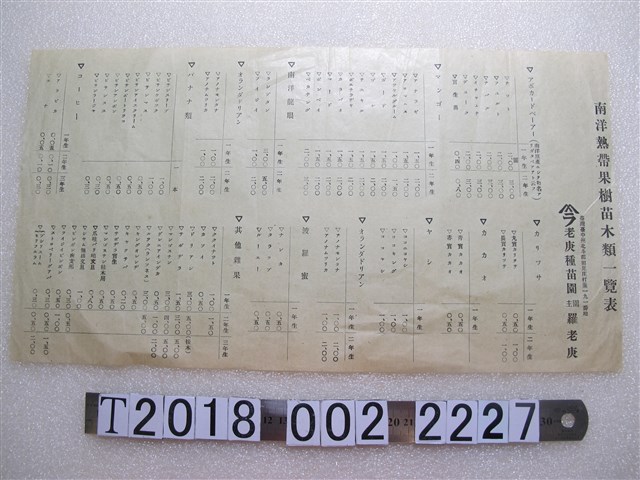 南洋熱帶果樹苗木類一覽表 (共1張)