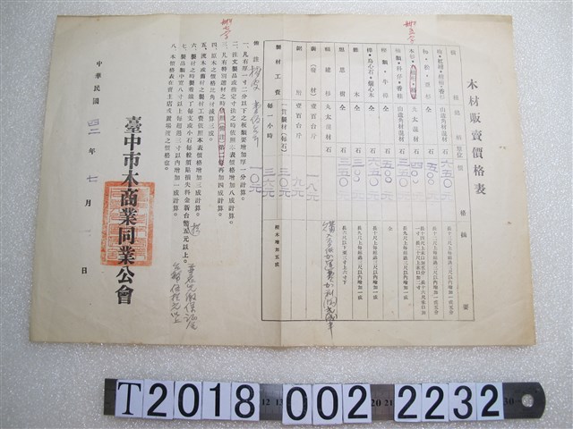 臺中市木商業同業公會木材販賣價格表 (共1張)