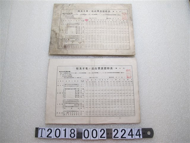 臺北州籾及玄米最高販賣價格表 (共2張)