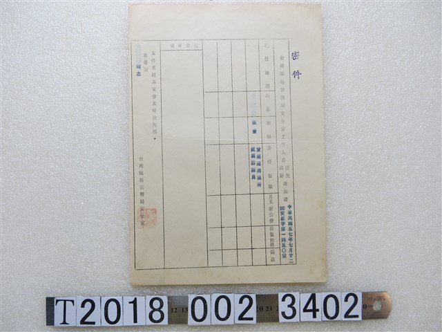 臺灣鐵路管理局安全室工作人員任免調動通知書 (共1張)