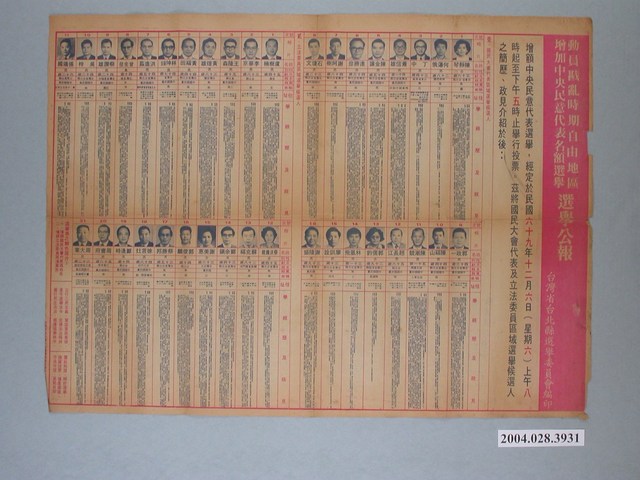 1980年12月6日動員戡亂時期自由地區增加中央民意代表名額選舉選舉公報（一般）
